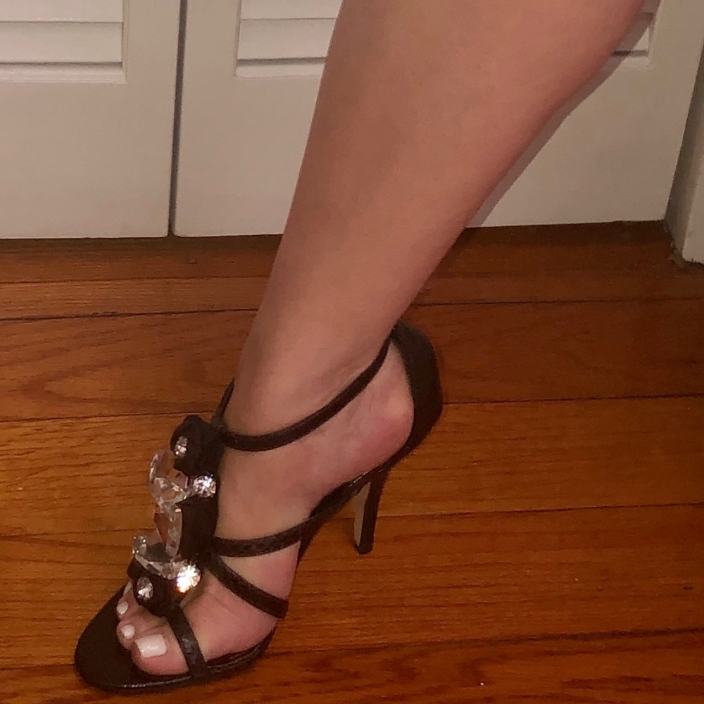 Size 4M brown snakeskin crystal sandal heels